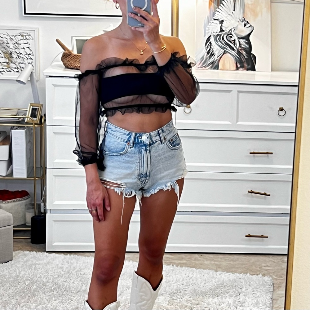 ALTEREDREAMS ‘Bina’ Black Mesh Off the shoulder Ruffle Sheer Crop Top XS NEW